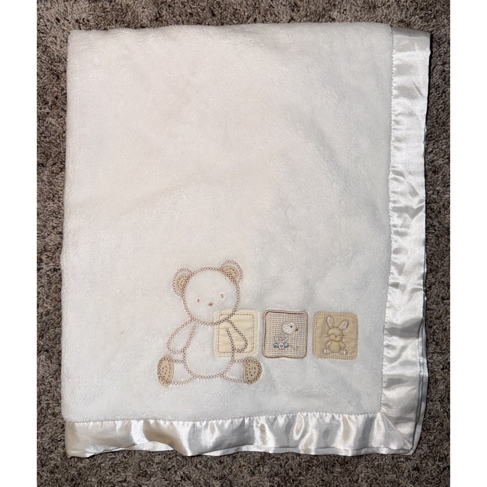 Carter's White Baby Blanket Teddy Bear Bunny Duck Blocks Satin 34x30